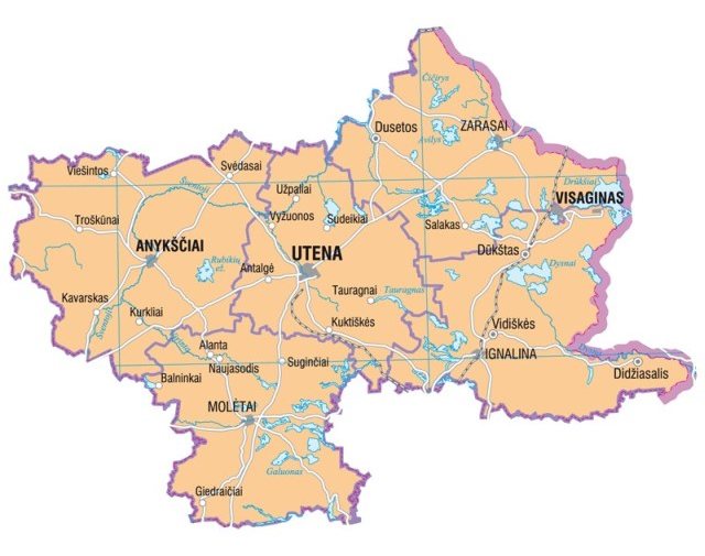 Landkarte von Litauen, Karte vom Bezirk Utena