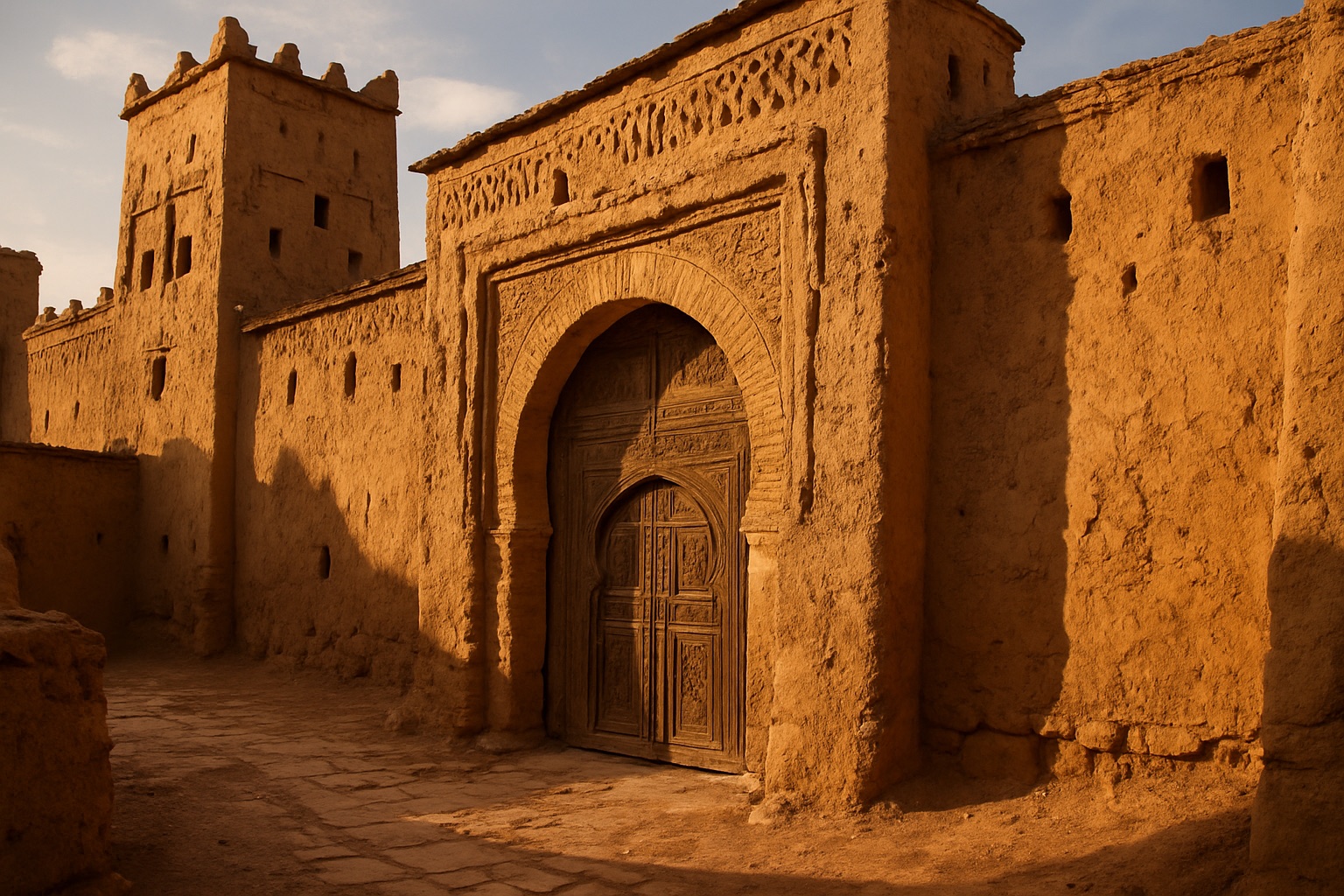 Alte Lehmmauern einer marokkanischen Kasbah im goldenen Licht