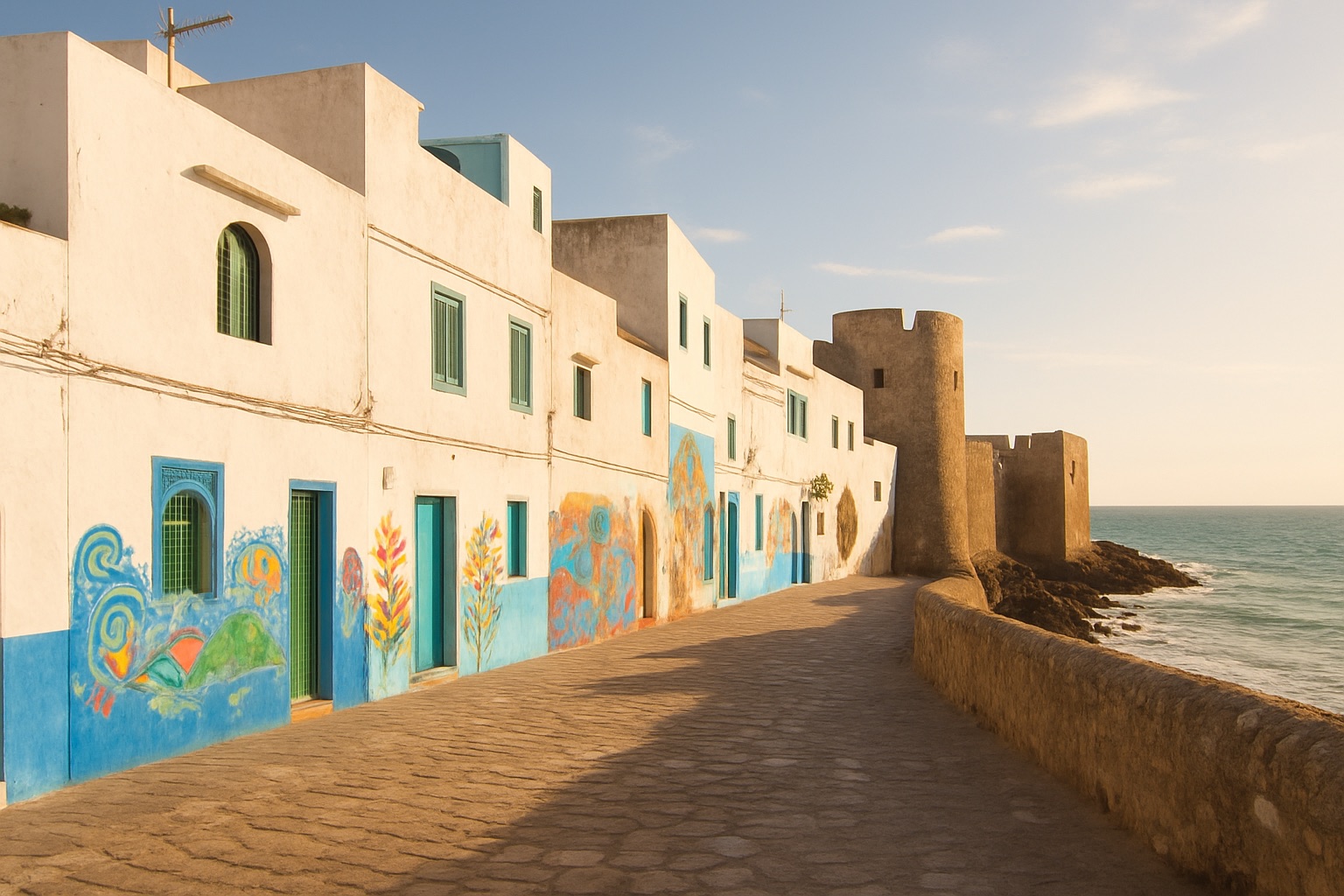 Die weiße Medina von Asilah mit Wandmalereien und Festungsmauern am Atlantik