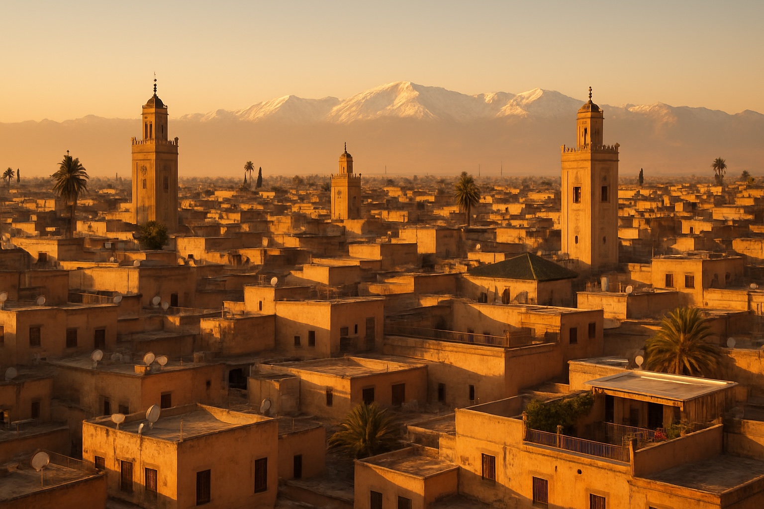 Panorama über die Dächer und Minarette einer marokkanischen Medina vor dem Atlasgebirge