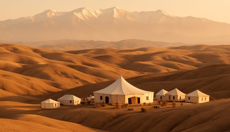 Luxus-Wuestencamp in der Agafay-Wueste mit Atlasgebirge