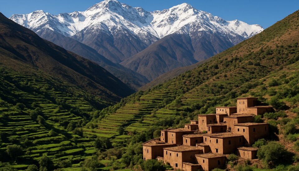 Schneebedeckte Gipfel des Hohen Atlas mit Berberdorf bei Marrakesch