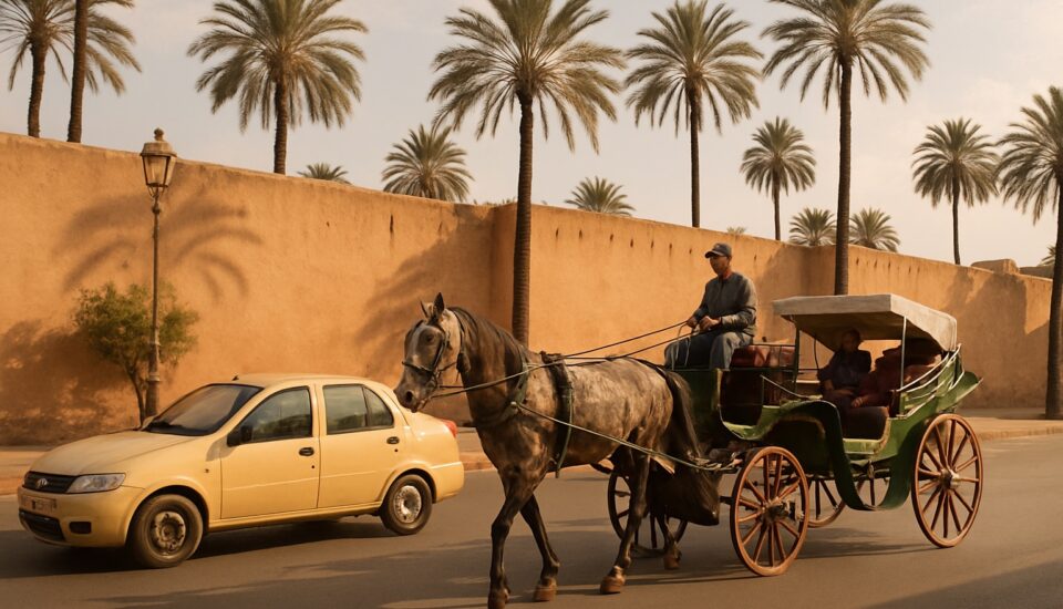 Pferdekutsche und Petit Taxi auf einer Strasse in Marrakesch