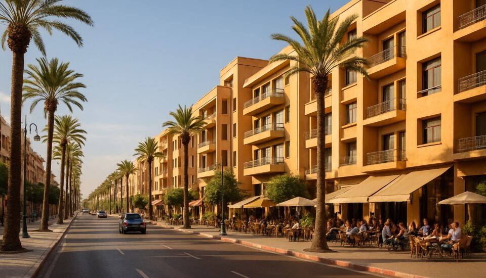 Palmengesaeumter Boulevard im modernen Viertel Gueliz in Marrakesch