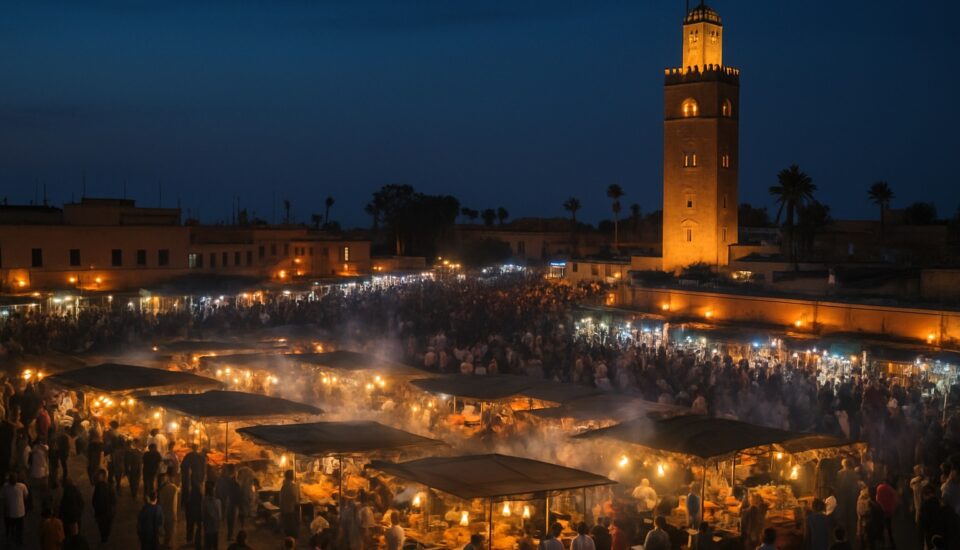 Platz Jemaa el-Fnaa in Marrakesch bei Abenddaemmerung mit Koutoubia