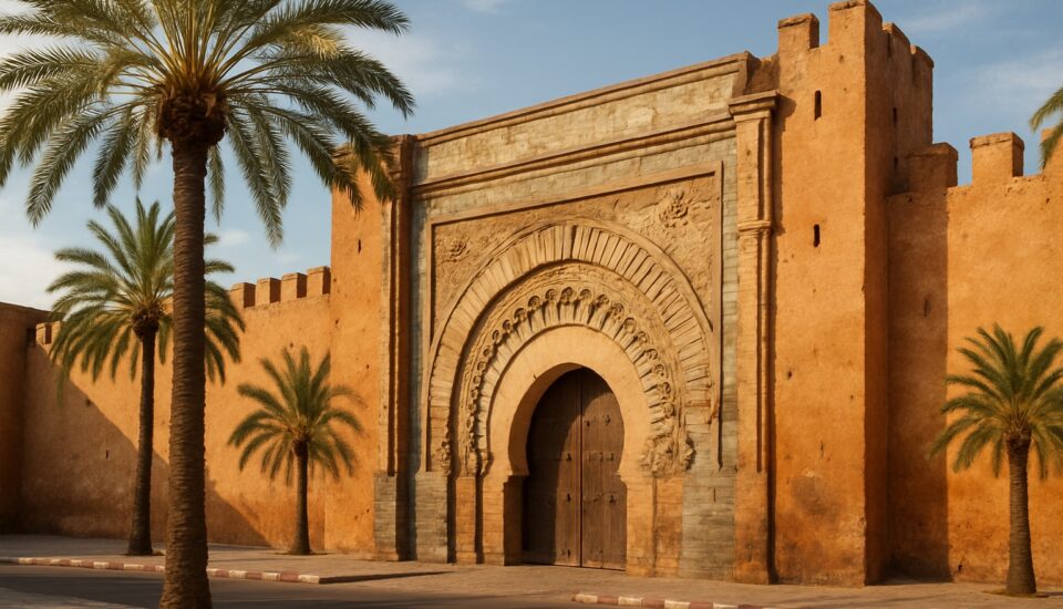 Ockerfarbene Stadtmauer und Tor im Kasbah-Viertel von Marrakesch