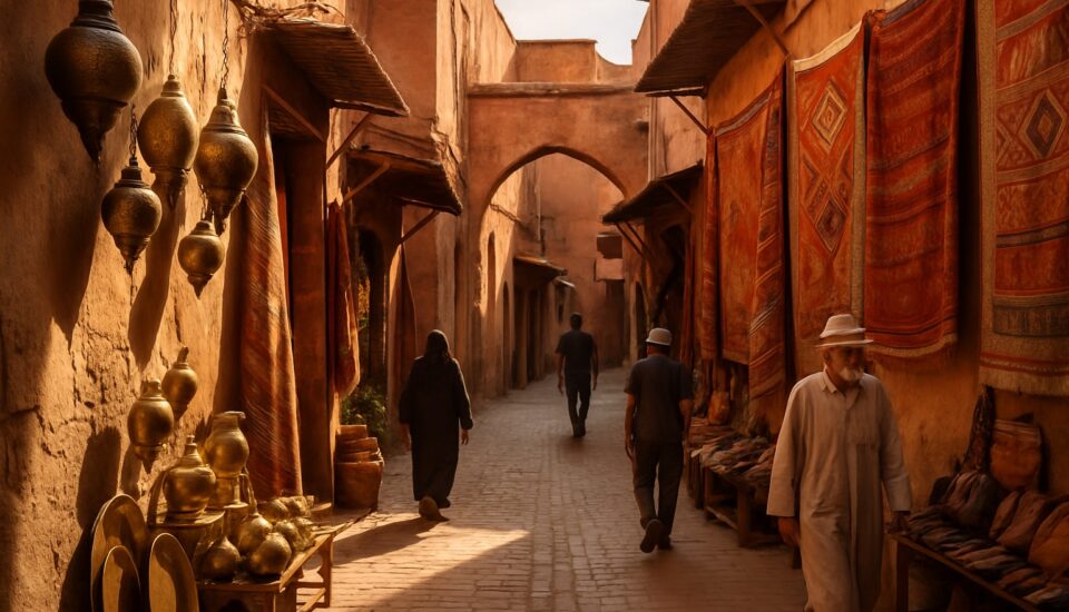 Enge Gasse in der Medina von Marrakesch mit Lampen und Teppichen