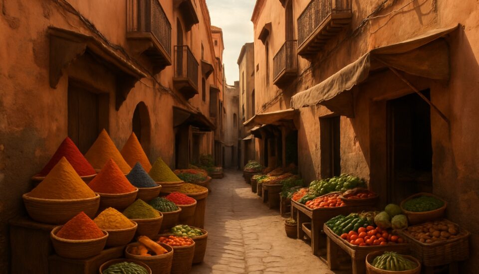 Gasse mit Gewuerzstaenden im historischen Mellah-Viertel von Marrakesch