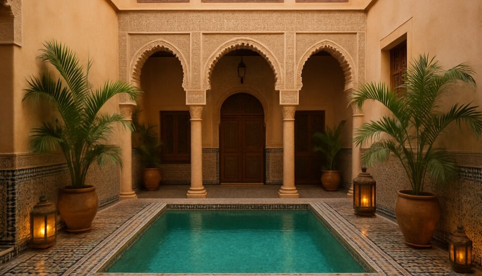 Traditioneller Riad-Innenhof in Marrakesch mit Pool und Zellige-Fliesen