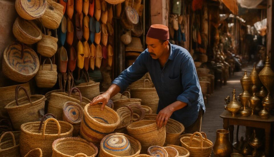 Marktstand im Souk von Marrakesch mit Waren zum Feilschen