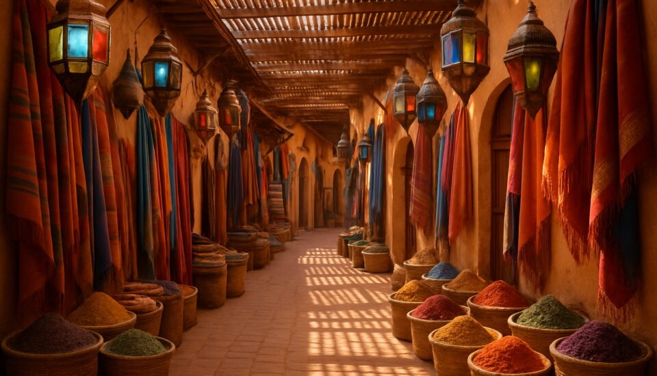 Ueberdachter Souk in Marrakesch mit Lampen, Textilien und Gewuerzen