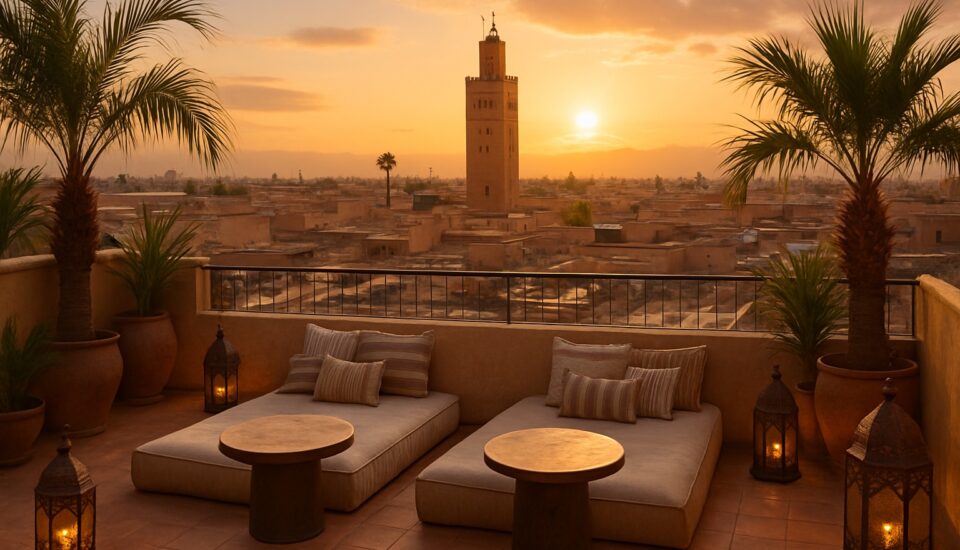 Riad-Dachterrasse in Marrakesch mit Blick ueber die Medina zum Atlas