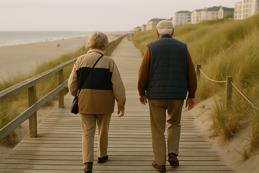 Aelteres Paar auf einem Bohlenweg an der Nordseekueste