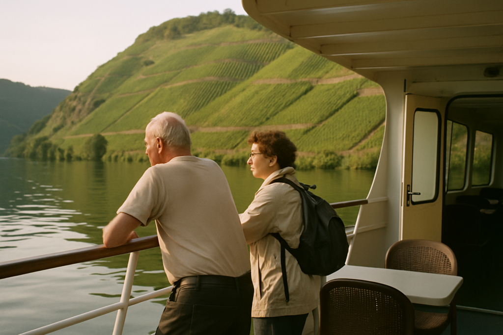 Älteres Paar auf einer Moselschifffahrt durch die Weinberge