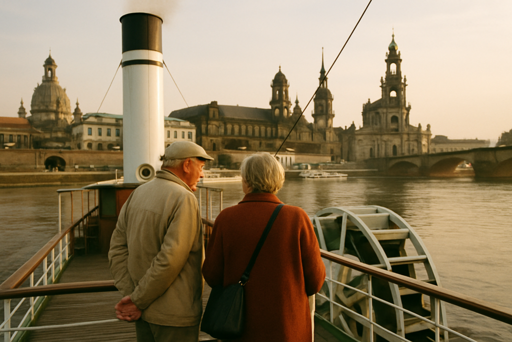 Aelteres Paar auf einem Elbe-Raddampfer bei Dresden