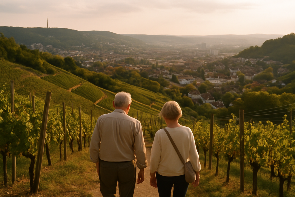 Älteres Paar in den Weinbergen über Stuttgart
