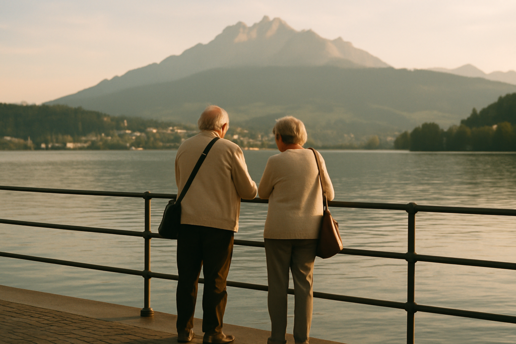 Aelteres Paar an der Seepromenade in Luzern in der Schweiz