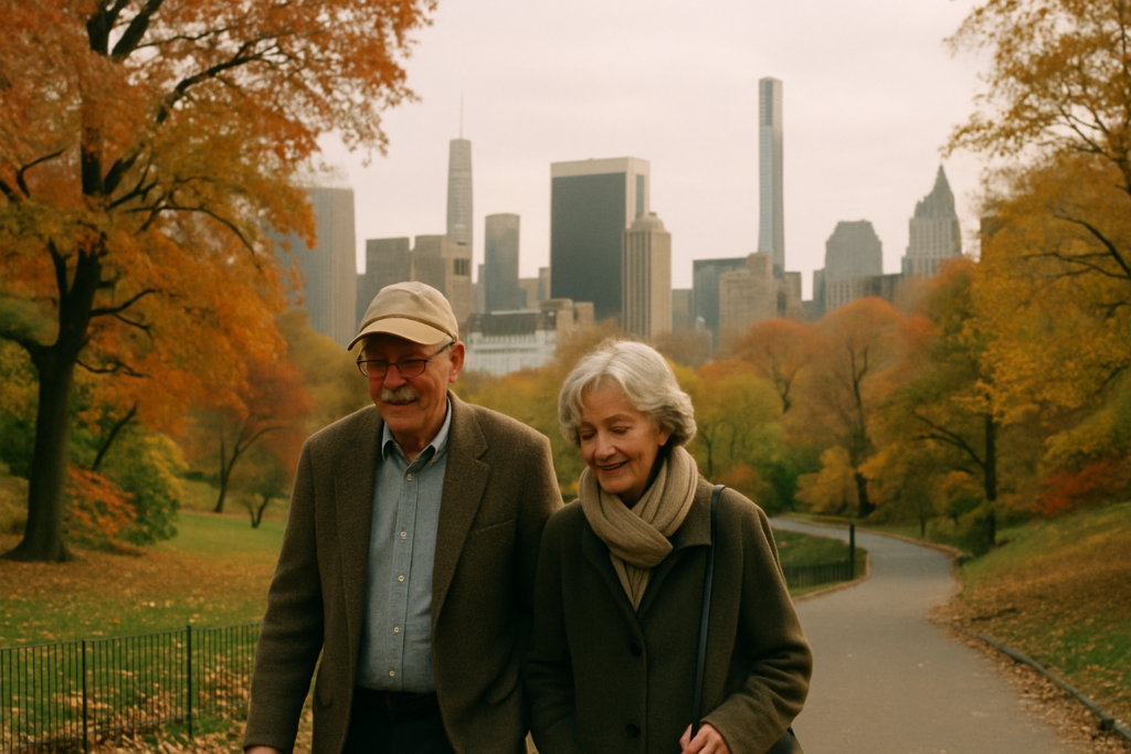 Älteres Paar im Central Park mit New Yorker Skyline