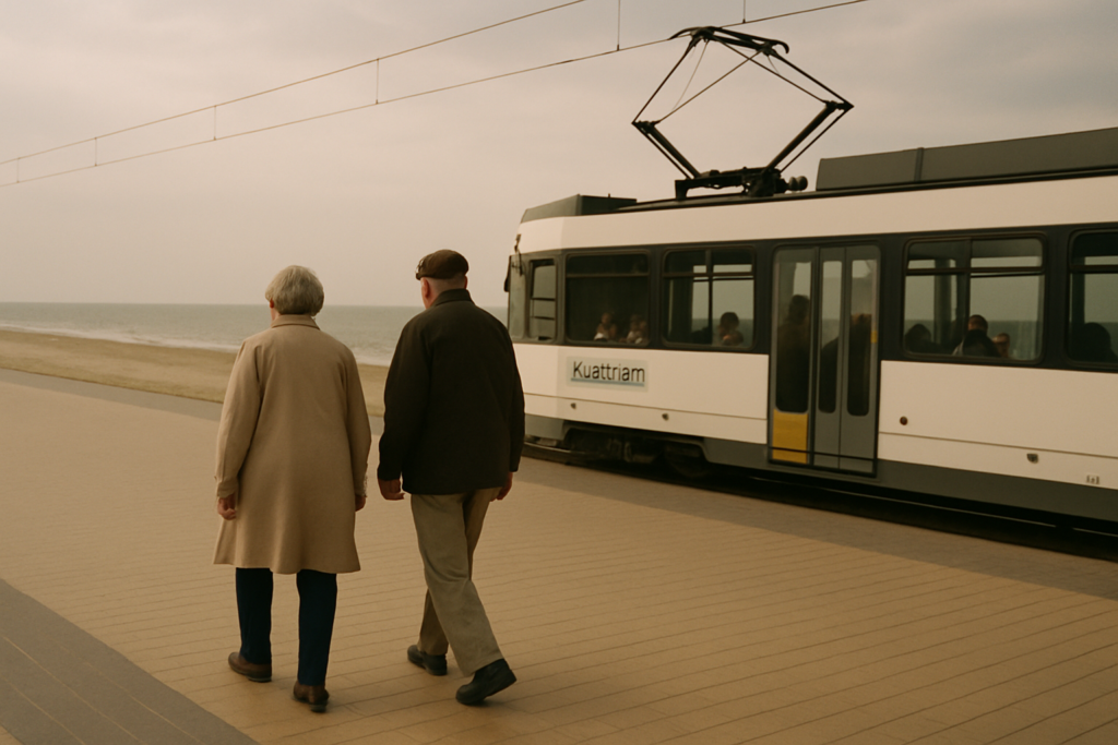Aelteres Paar auf der Strandpromenade an der belgischen Nordseekueste