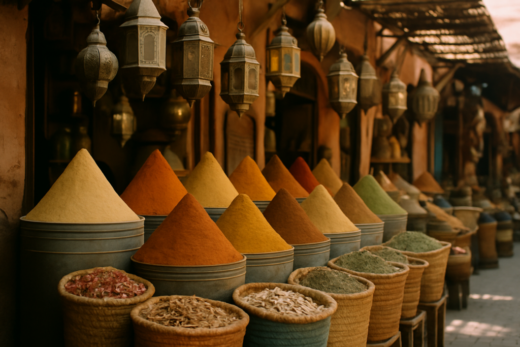 Farbenfroher Gewuerzmarkt in einem Souk in Marrakesch