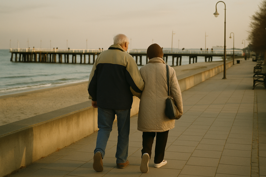 Aelteres Paar auf einer Ostsee-Promenade in Polen