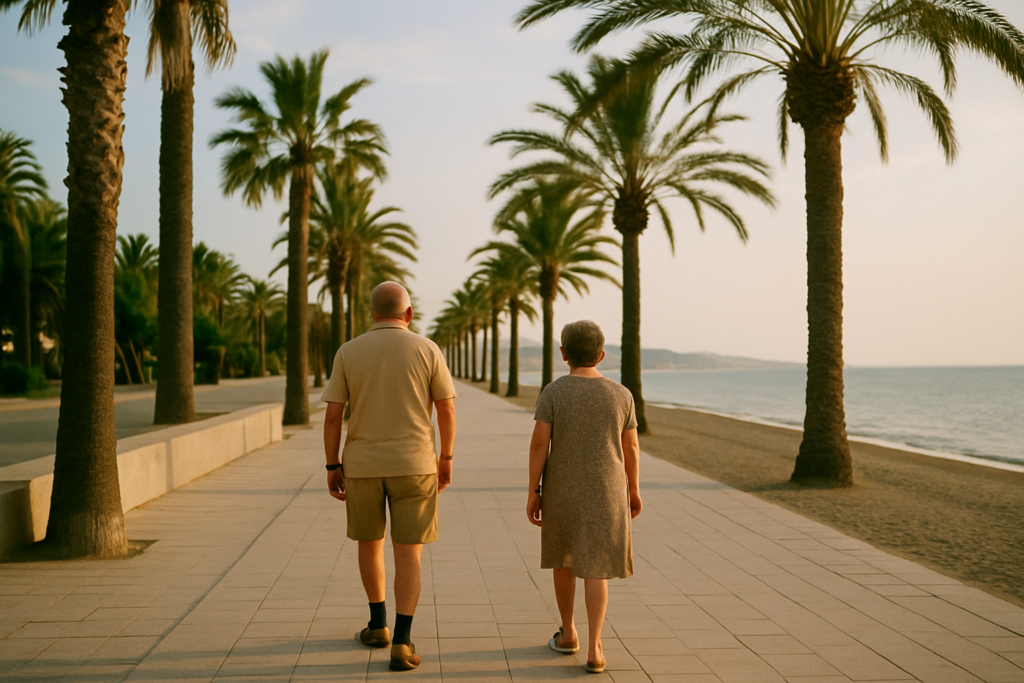 Aelteres Paar auf einer Strandpromenade an der Costa del Sol