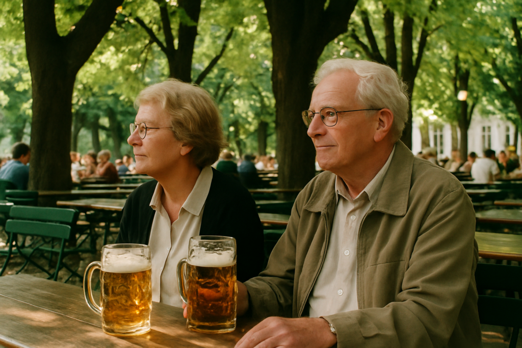 Aelteres Paar in einem Muenchner Biergarten