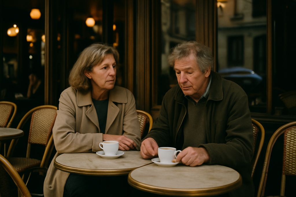 Aelteres Paar auf einer Cafe-Terrasse in Paris