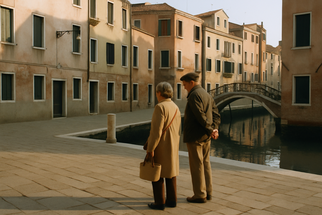 Aelteres Paar an einem ruhigen Kanal mit Bruecke in Venedig