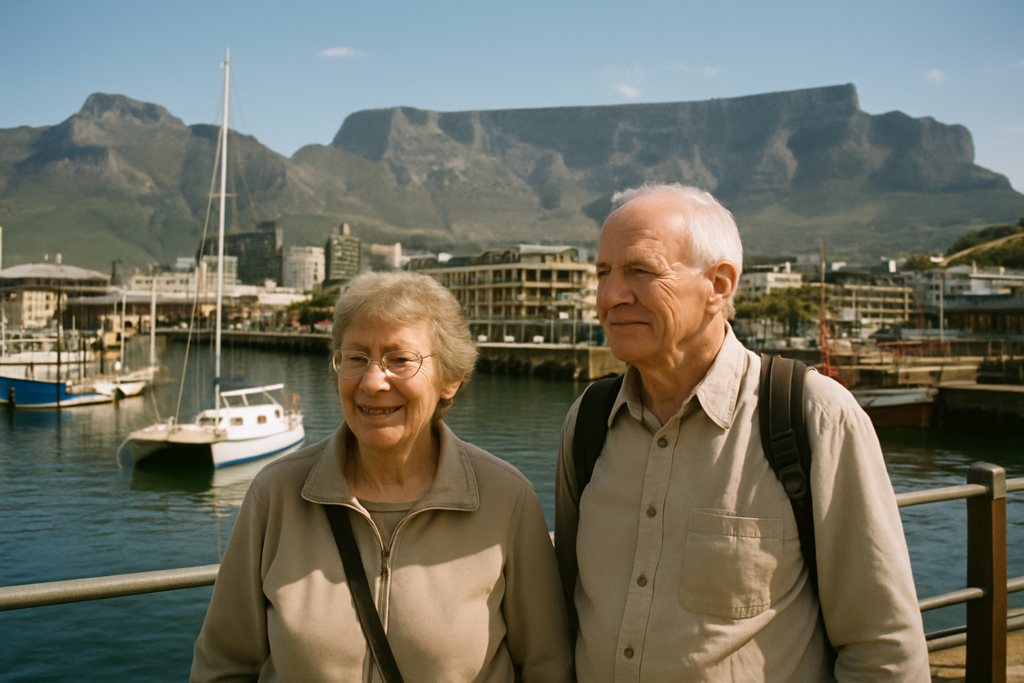 Älteres Paar an der Waterfront von Kapstadt mit Tafelberg