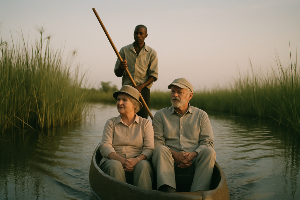 Älteres Paar in einem Mokoro-Einbaum im Okavango-Delta