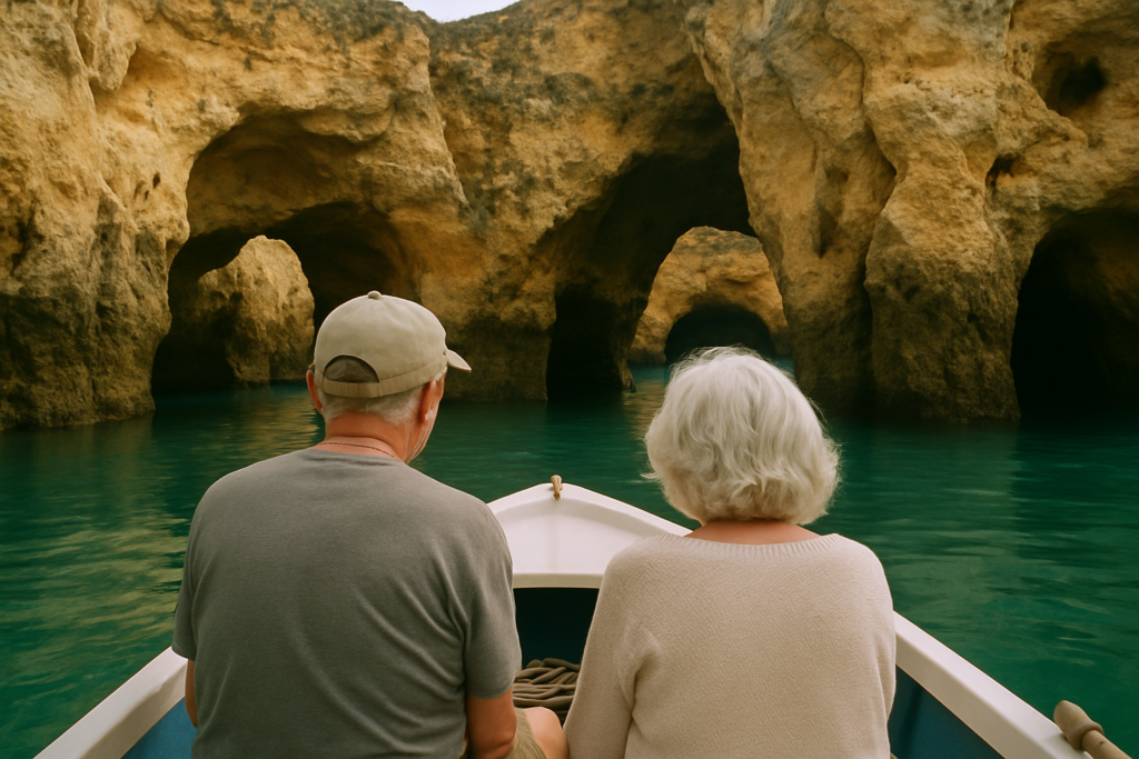 Älteres Paar auf einer Bootstour zu den Felsgrotten der Algarve