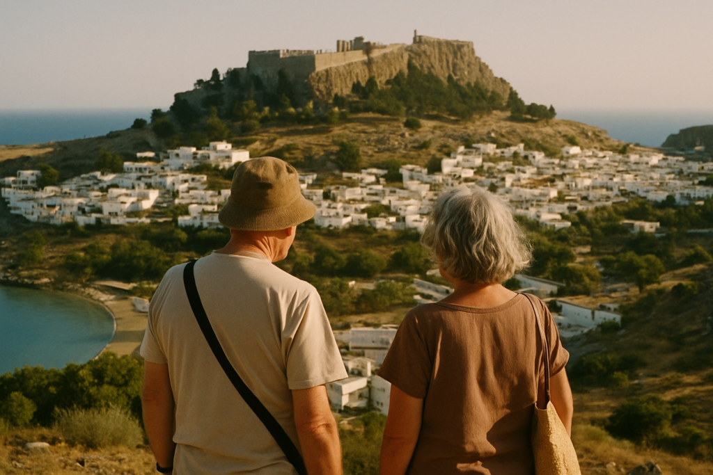 Älteres Paar mit Blick auf das Dorf Lindos auf Rhodos