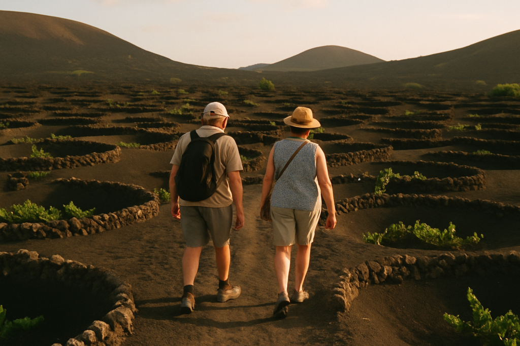 Älteres Paar im Weinanbaugebiet La Geria auf Lanzarote