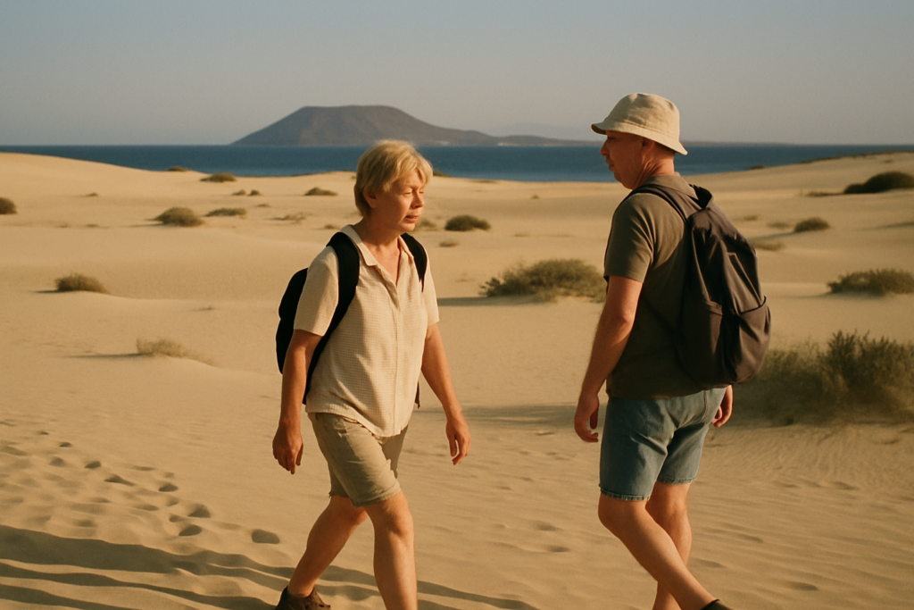 Älteres Paar an den Dünen von Corralejo auf Fuerteventura