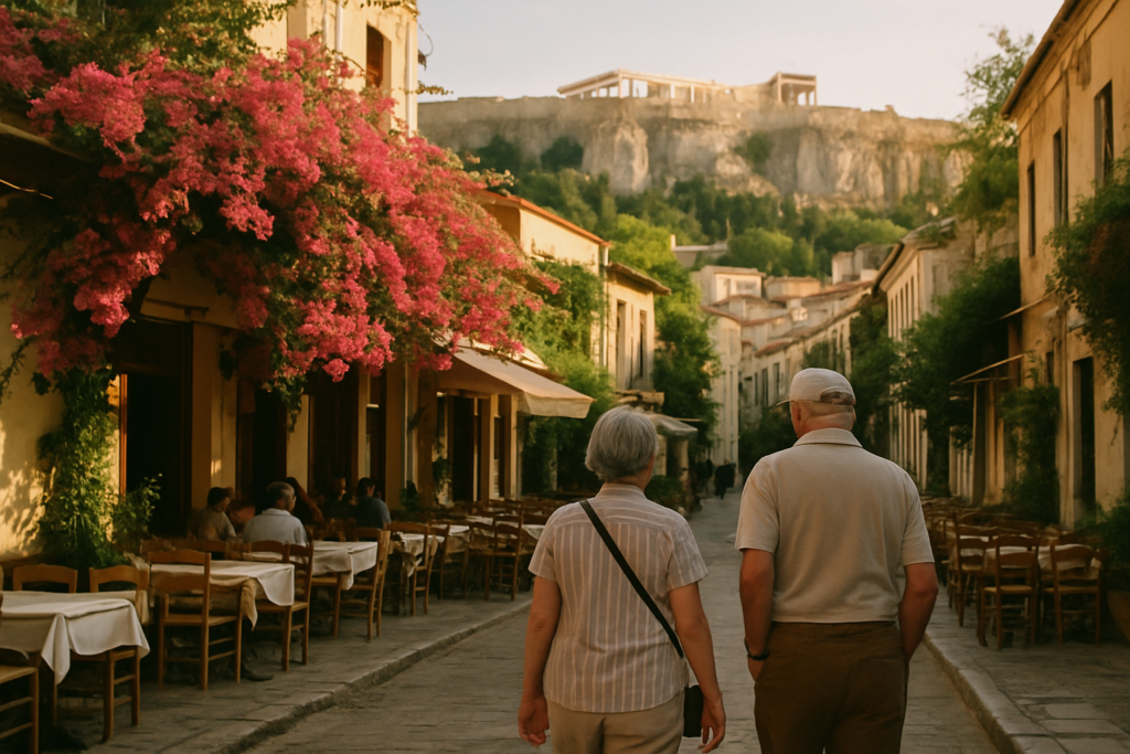 Älteres Paar im Plaka-Viertel unterhalb der Akropolis