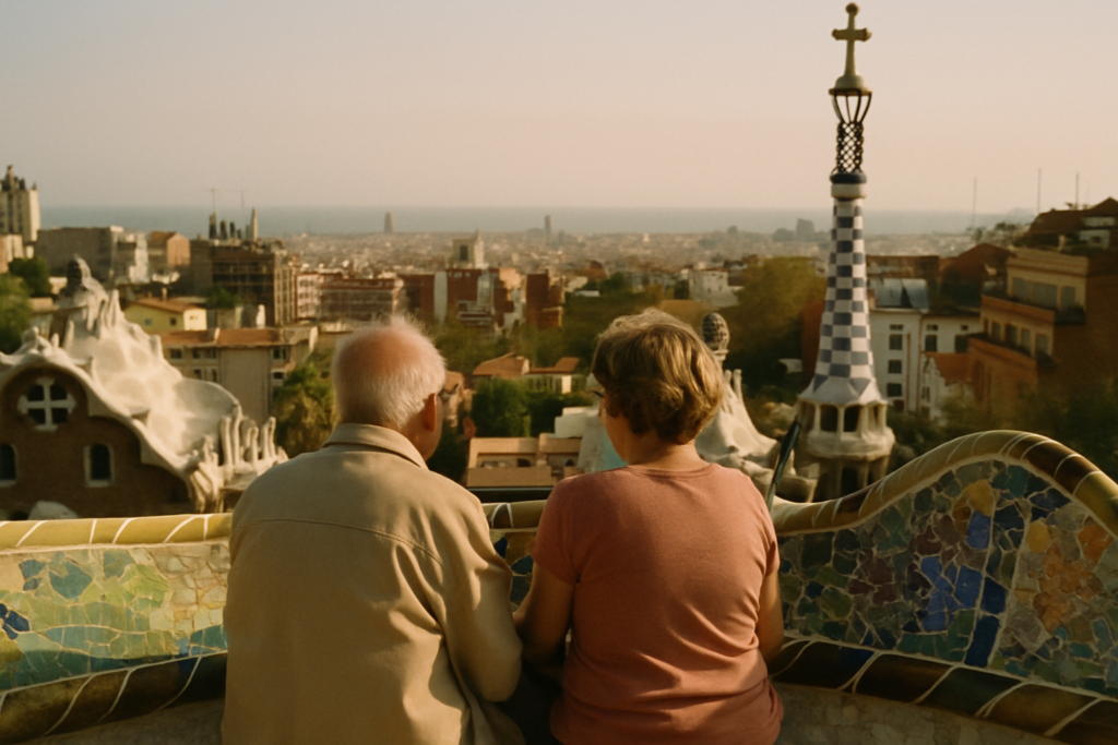 Älteres Paar auf der Mosaikbank im Park Güell in Barcelona