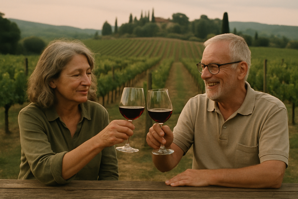 Älteres Paar bei einer Weinprobe im Chianti in der Toskana