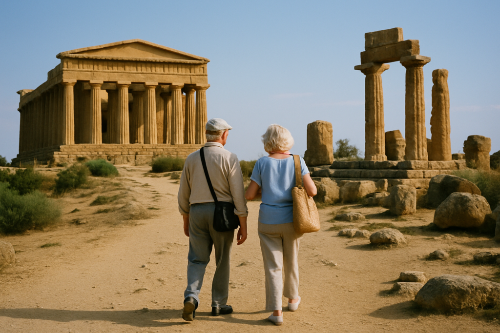 Älteres Paar im Tal der Tempel bei Agrigento auf Sizilien