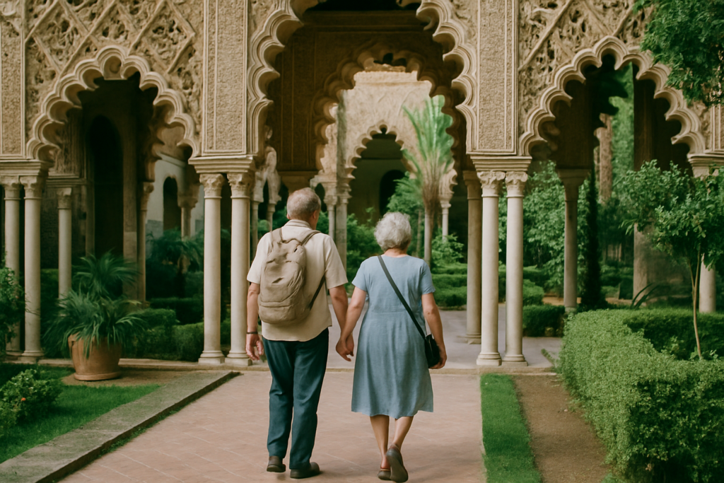 Älteres Paar in den Gärten des Alcázar in Sevilla