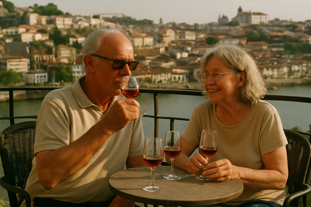 Älteres Paar bei einer Portwein-Verkostung über dem Douro