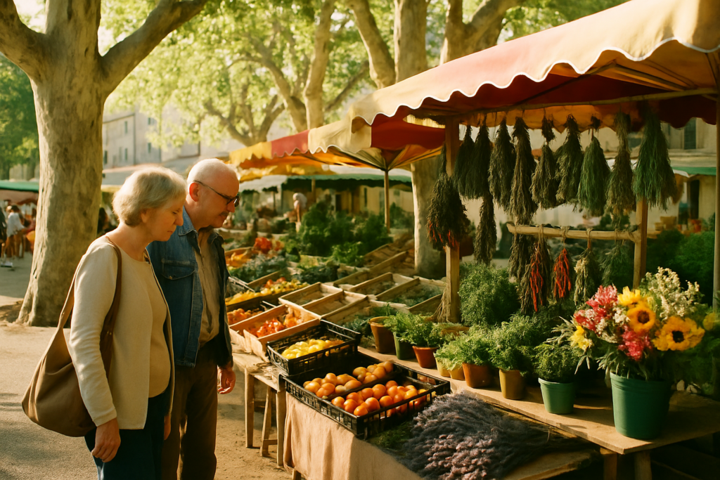 Älteres Paar auf einem provenzalischen Wochenmarkt
