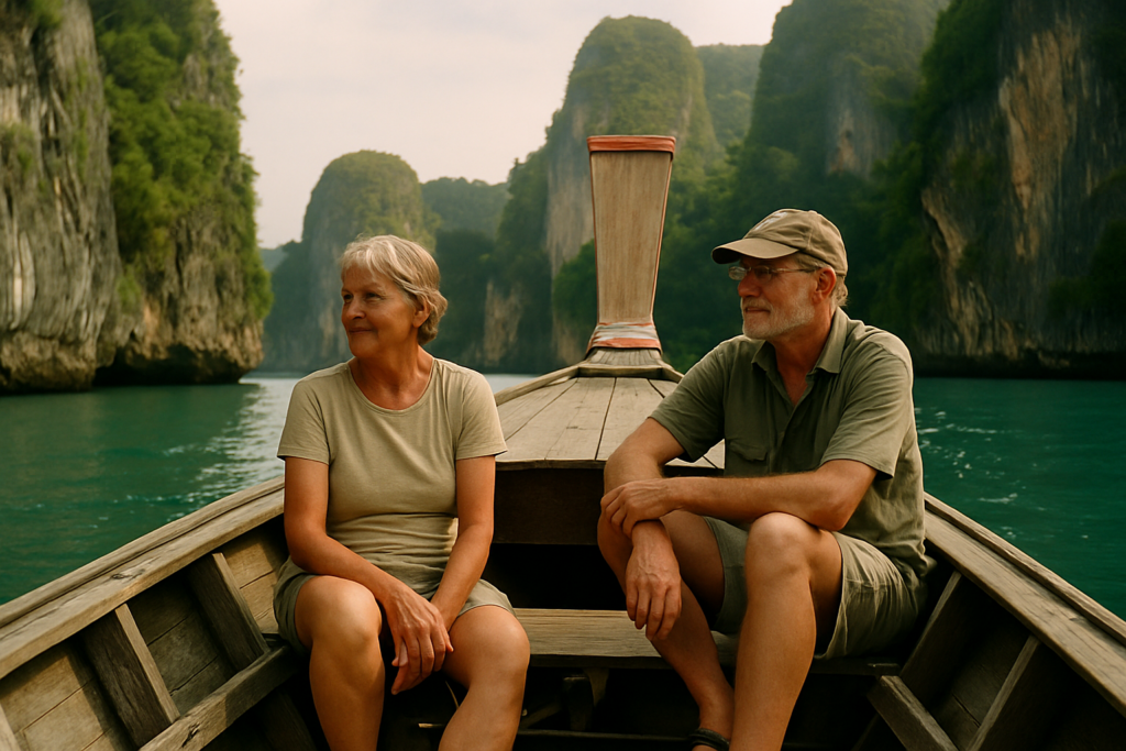 Älteres Paar auf einem Longtailboot bei Krabi in Thailand