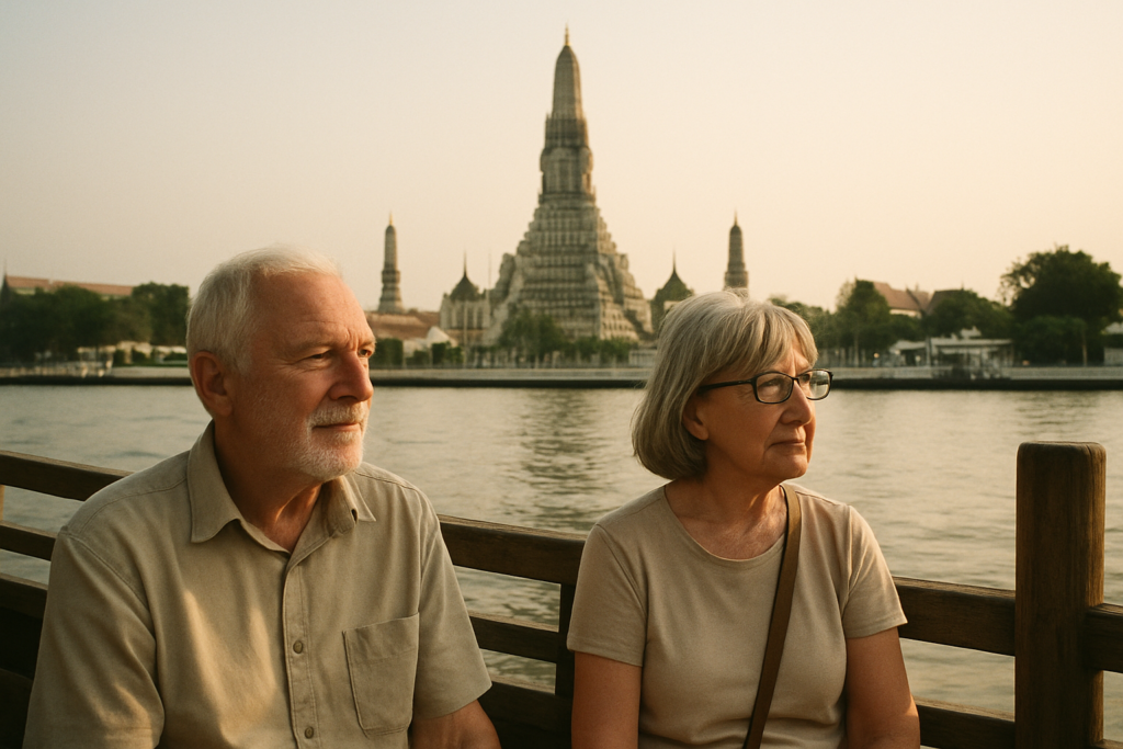 Älteres Paar auf einer Bootsfahrt auf dem Chao Phraya in Bangkok