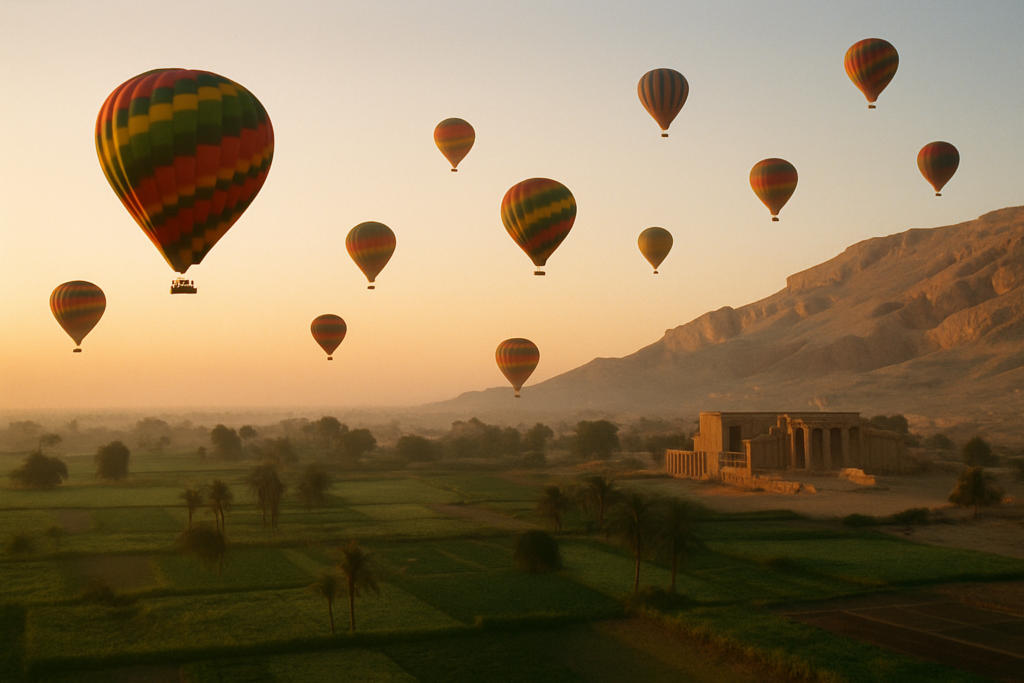Heissluftballons bei Sonnenaufgang ueber dem Nil bei Luxor