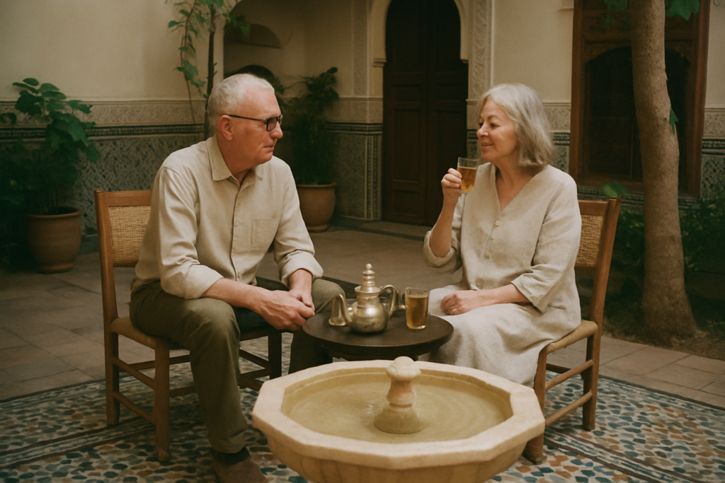 Älteres Paar in einem traditionellen Riad-Innenhof in Marrakesch bei Minztee