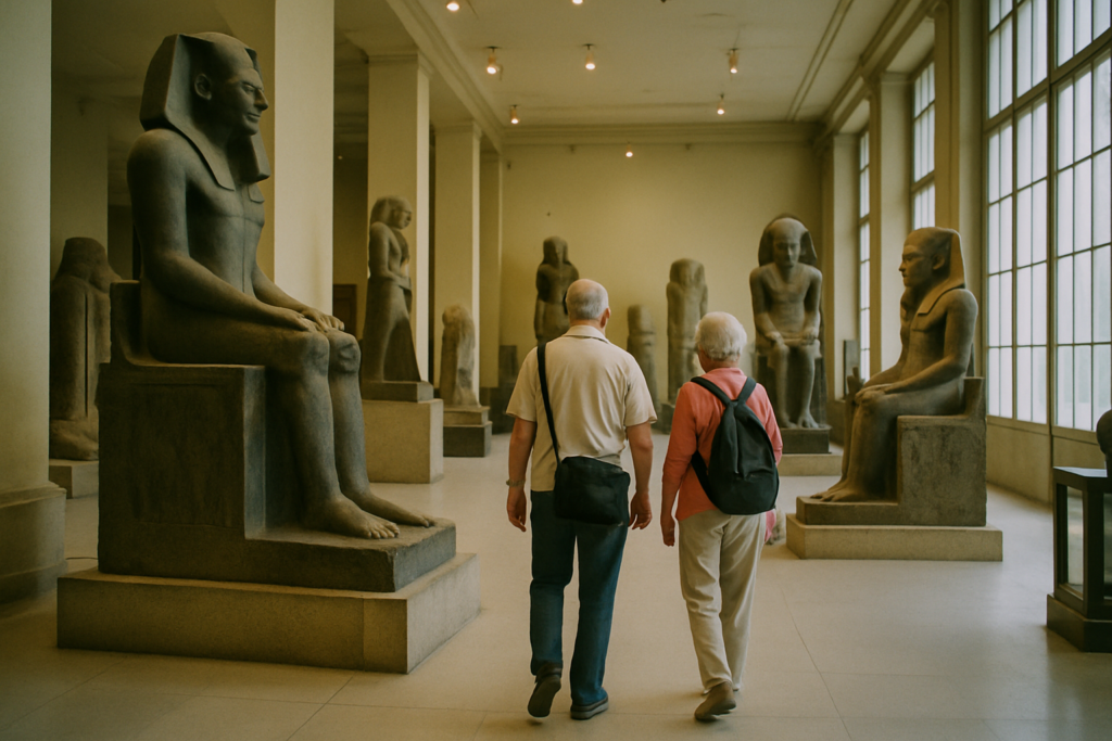 Aelteres Paar in einer hellen modernen Museumshalle in Aegypten