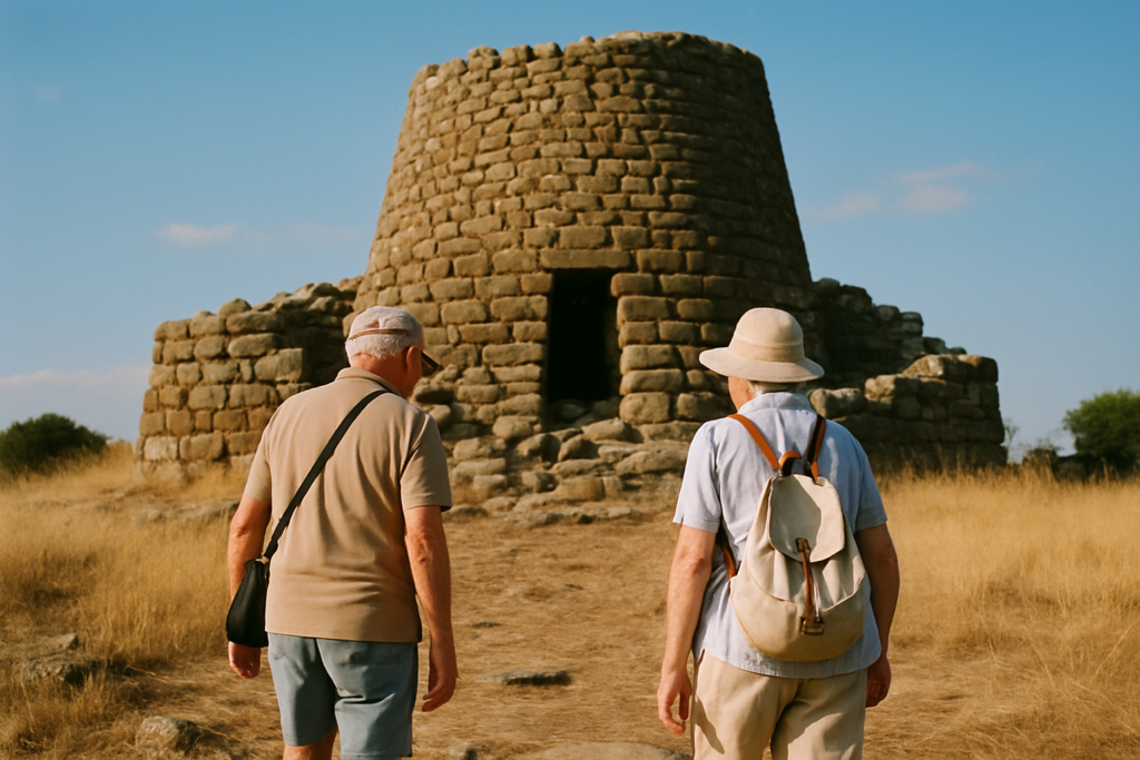 Älteres Paar an einem bronzezeitlichen Nuraghen-Steinturm auf Sardinien