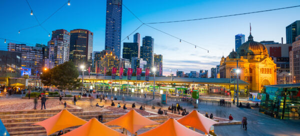 Melbourne city skyline at twilight in Australia