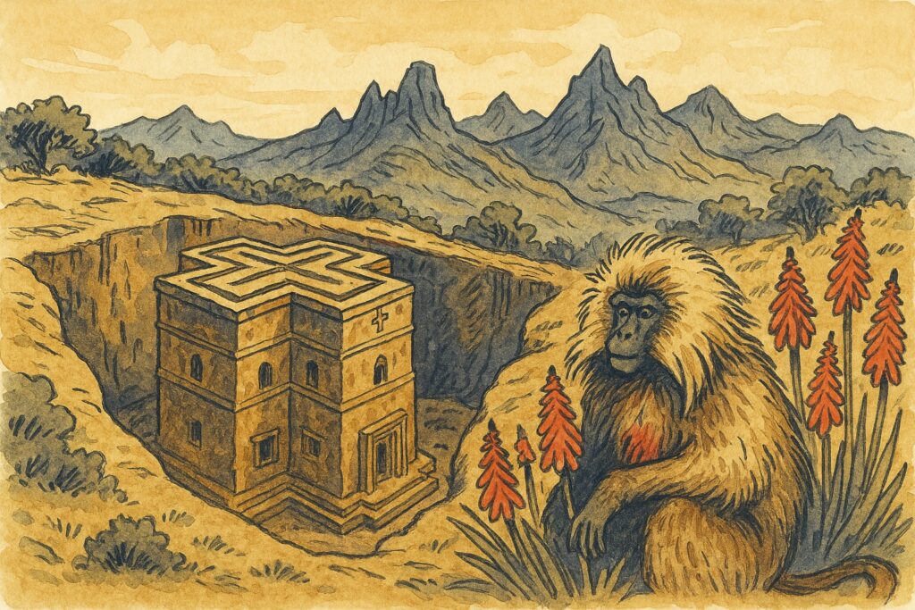 Handgezeichnete Illustration einer Felsenkirche von Lalibela mit den Simien-Bergen und einem Dschelada-Affen